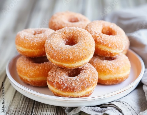 Delicious sugar donuts piled on plate