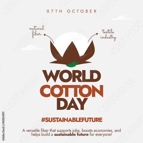 World Cotton Day 7th October background, banner, post. Cotton day celebration banner with cotton flower bud, with arrows pointing to text: natural fibber, textile industry.