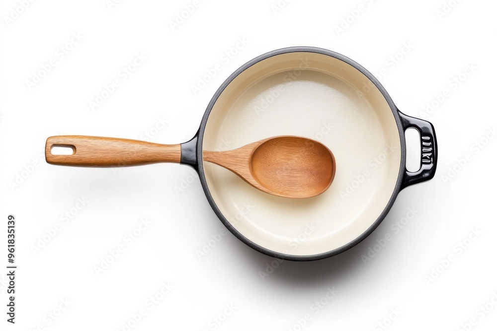 Cooking Pot and Wooden Spoon on White Backdrop Cooking Pot and Wooden Spoon on White Backdrop