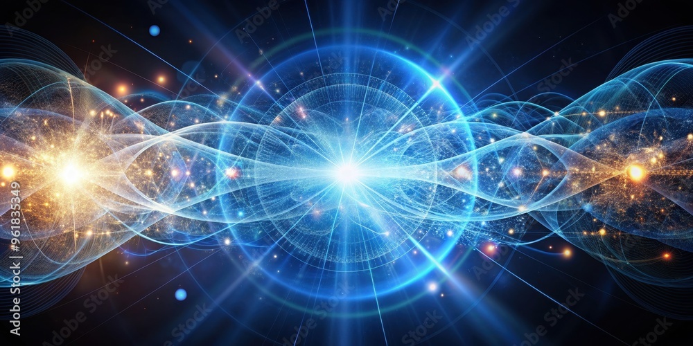 Abstract representation of quantum mechanics with digital particles and energy flows, science, technology
