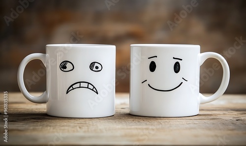 Two Coffee Mugs with Opposite Facial Expressions photo