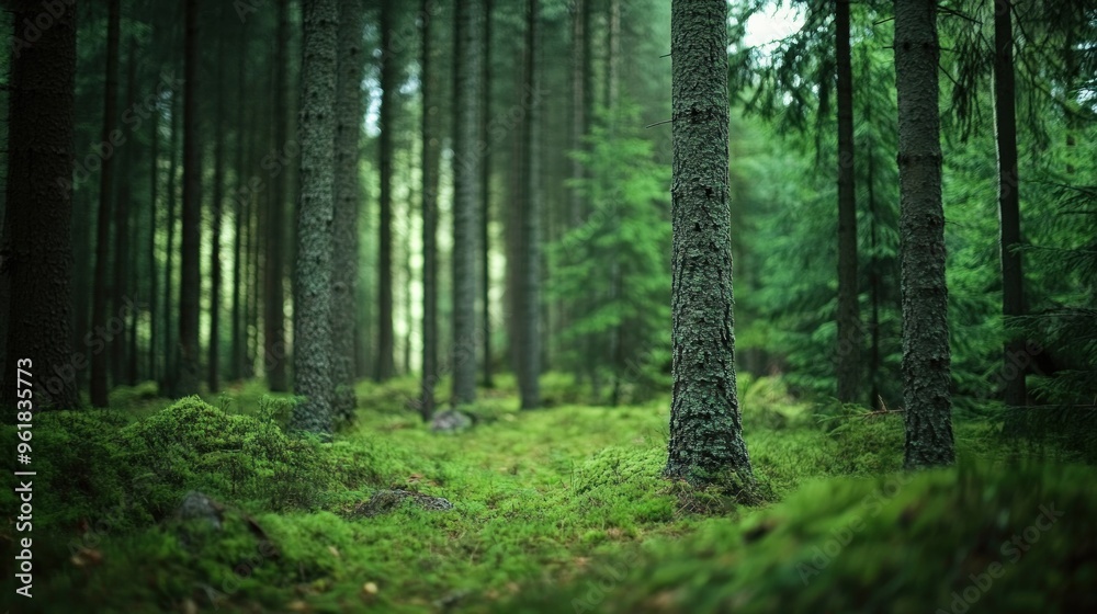 A serene forest scene with tall trees and lush green undergrowth. A serene forest scene with tall trees and lush green undergrowth.
