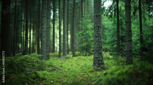 A serene forest scene with tall trees and lush green undergrowth.