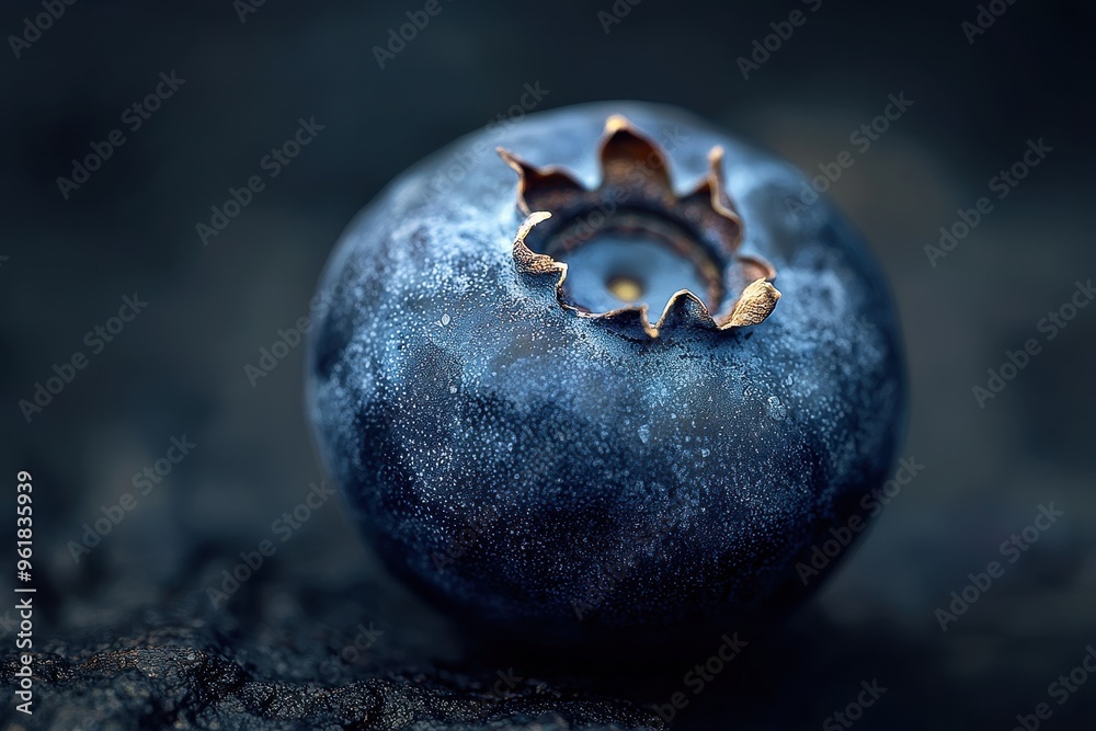 Macro shot of a single blueberry, showcasing the intricate texture and natural color of the fruit against a dark background. Macro shot of a single blueberry, showcasing the intricate texture and natural color of the fruit against a dark background.