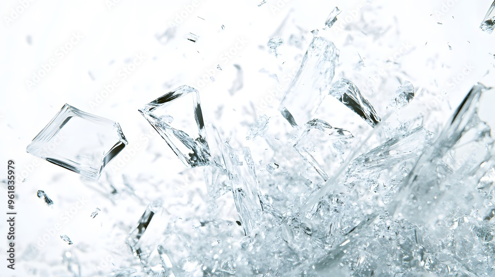 Shattered Glass Effect: Fragments of shattered glass frozen mid-air, creating a dynamic explosion effect against a white background. Shattered Glass Effect: Fragments of shattered glass frozen mid-air, creating a dynamic explosion effect against a white background.