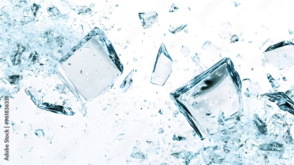 Shattered Glass Effect: Fragments of shattered glass frozen mid-air, creating a dynamic explosion effect against a white background. Shattered Glass Effect: Fragments of shattered glass frozen mid-air, creating a dynamic explosion effect against a white background.