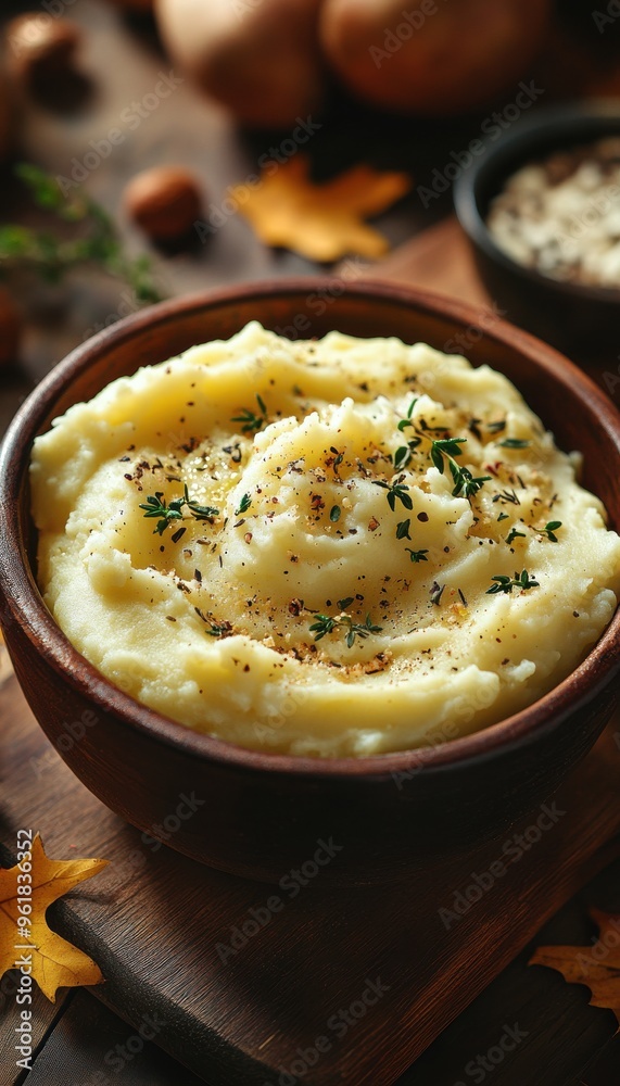 Creamy mashed potatoes garnished with herbs and black pepper, served in a wooden bowl. Perfect side dish for any meal. Creamy mashed potatoes garnished with herbs and black pepper, served in a wooden bowl. Perfect side dish for any meal.