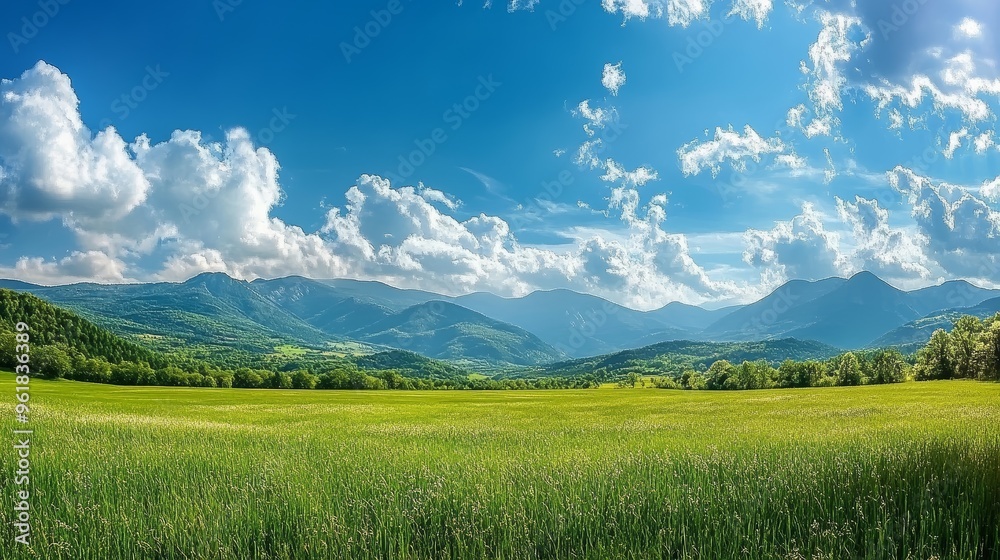 Obraz premium Panoramic natural landscape with green grass field