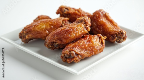 Single serving of fried chicken wings on a white plate with a clean, minimalist background, highlighting the crispy and savory details.