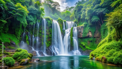 Majestic waterfall surrounded by lush greenery, nature, cascading water, scenic, powerful, rushing, cascading, landscape