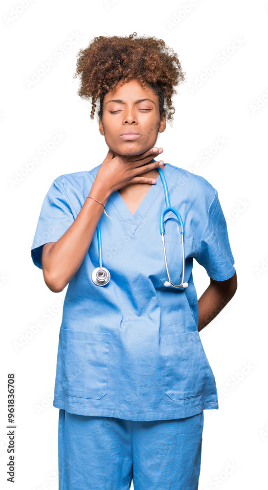Young african american doctor woman over isolated background Touching painful neck, sore throat for flu, clod and infection Young african american doctor woman over isolated background Touching painful neck, sore throat for flu, clod and infection
