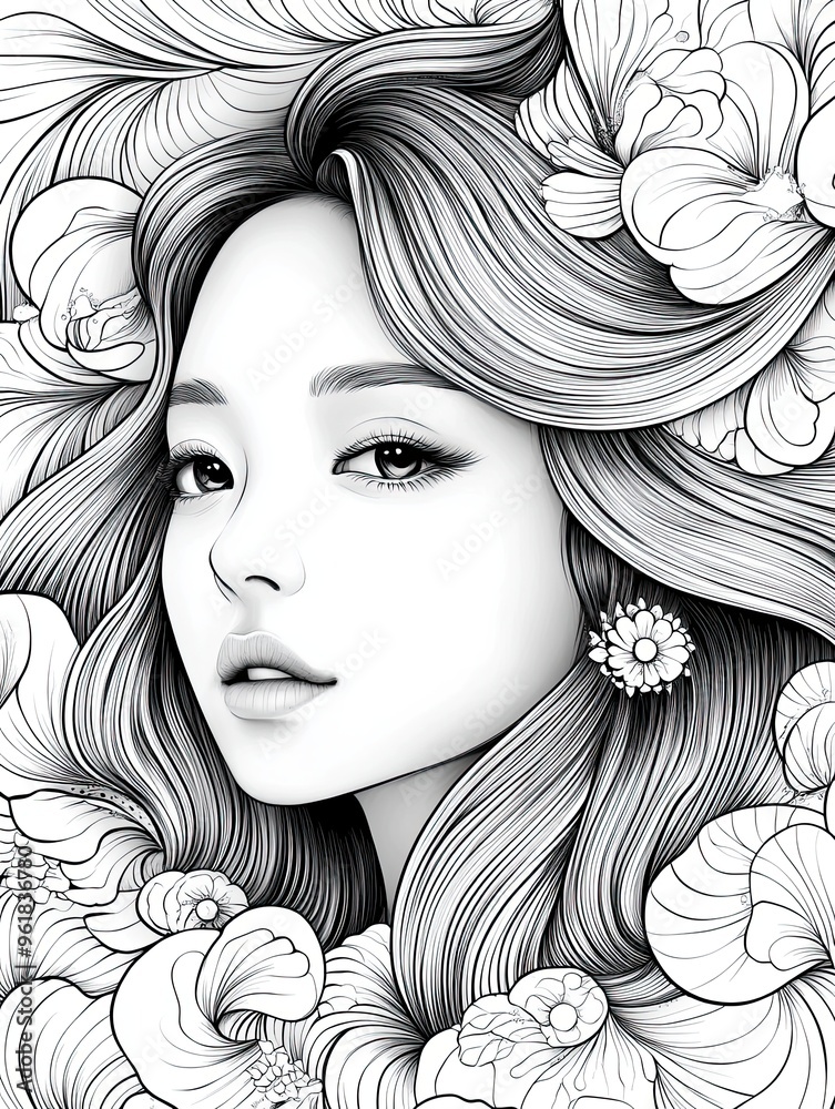 47. Abstract scene featuring a beautiful Korean woman, her hair transforming into patterns of stars and waves, surrounded by intricate mandala designs, illustrated in fine black-and-white line art 47. Abstract scene featuring a beautiful Korean woman, her hair transforming into patterns of stars and waves, surrounded by intricate mandala designs, illustrated in fine black-and-white line art