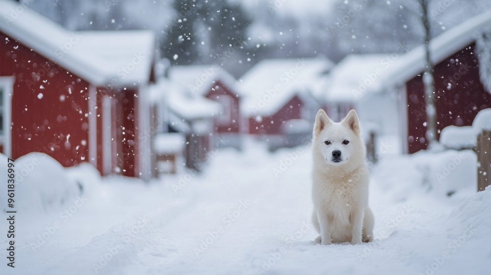 A serene snowy scene featuring a Samoyed dog sitting on a snowy path among red cabins. A serene snowy scene featuring a Samoyed dog sitting on a snowy path among red cabins.