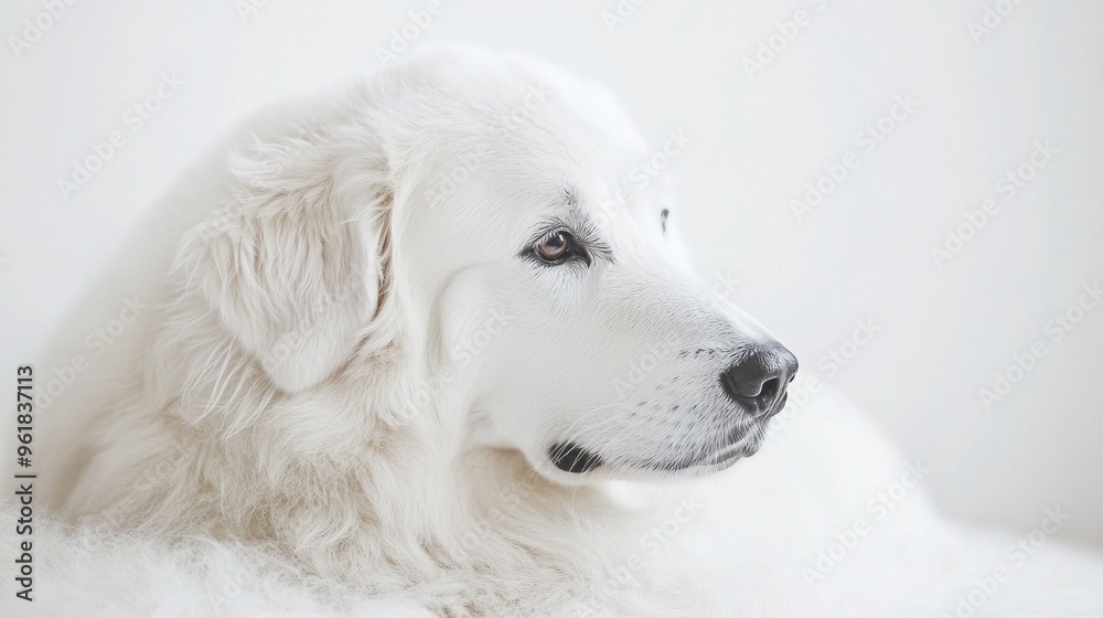 A serene white dog resting against a light background. A serene white dog resting against a light background.