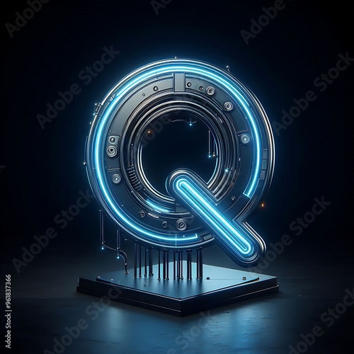 Futuristic neon blue glowing letter Q on a dark background.