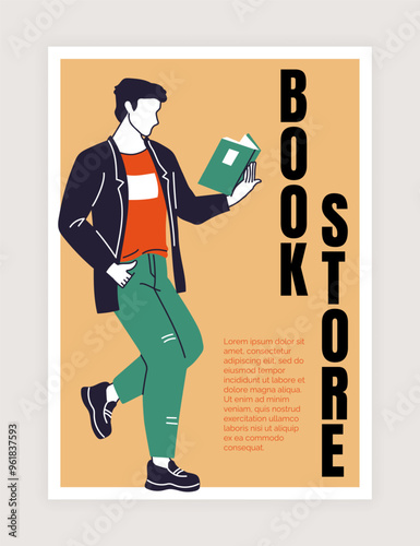 Line school stationery. Bookstore poster. Man reading book. Cartoon bookworm. Simple color drawing. Young guy enjoying of literature. Students education. Library banner. Vector bookshop card design
