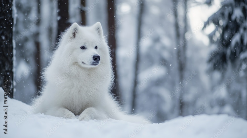 A serene white dog sits in a snowy forest, surrounded by falling snowflakes. A serene white dog sits in a snowy forest, surrounded by falling snowflakes.