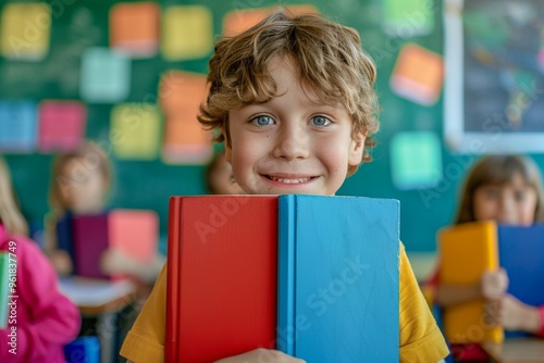 Cute child smiling brightly surrounded colorful books class. Smiling girl stacks of colorful library books feeling joyful. Innocence and joy of childhood.