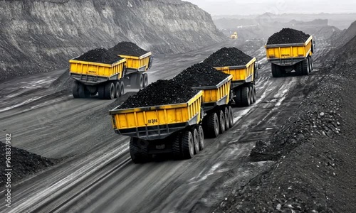 A group of heavy-duty dump trucks transporting coal in a large mining area with dark, rough terrain, highlighting industrial activity