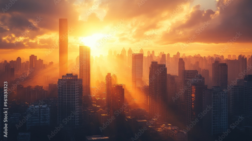 Fototapeta premium Sunrise over a dense urban environment, with the sun rays breaking through the gaps between high-rise buildings and illuminating the morning sky.