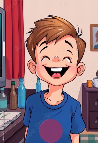 cartoon boy laughing in front of a computer monitor in a room. photo