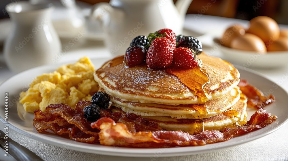Traditional American breakfast spread including pancakes with maple syrup, crispy bacon, scrambled eggs, and fresh fruit. Traditional American breakfast spread including pancakes with maple syrup, crispy bacon, scrambled eggs, and fresh fruit.
