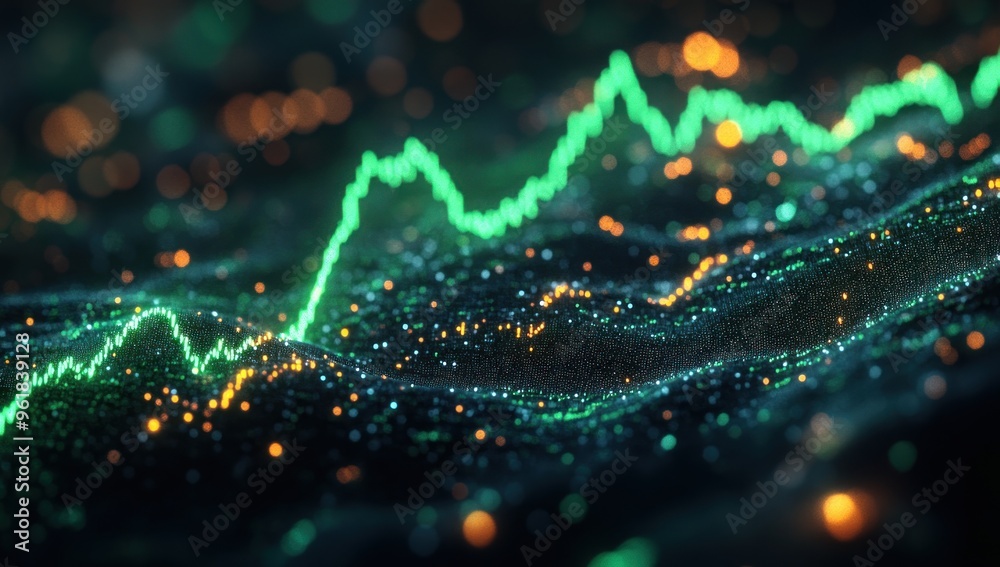 Abstract Data Visualization: A Green Line Ascending On A Black Background With Glittering Lights Abstract Data Visualization: A Green Line Ascending On A Black Background With Glittering Lights