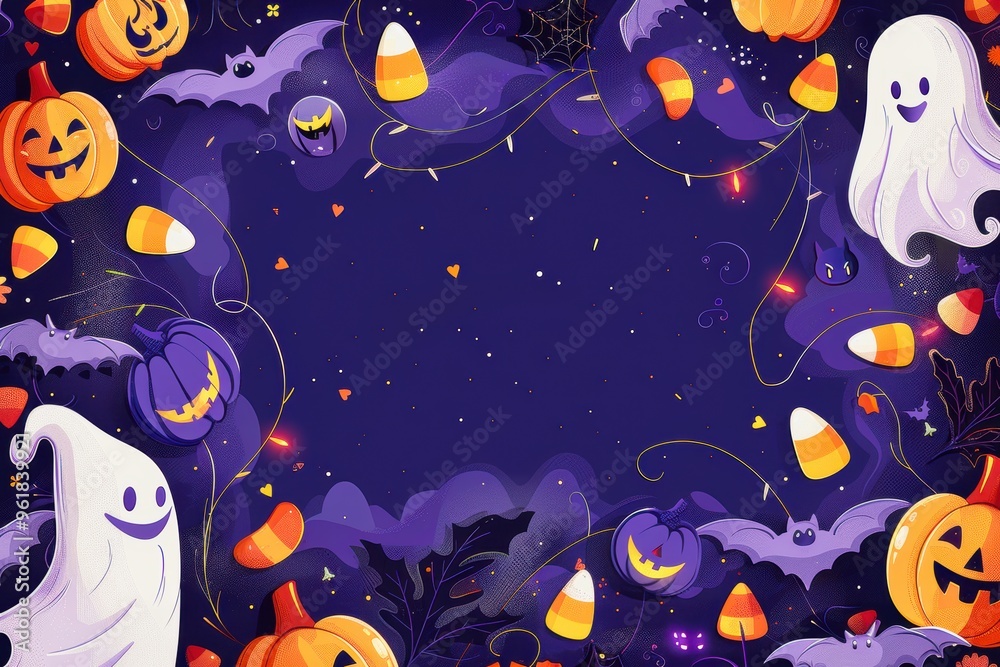 Halloween background with candy corn, pumpkins and ghosts surrounding a purple area Halloween background with candy corn, pumpkins and ghosts surrounding a purple area