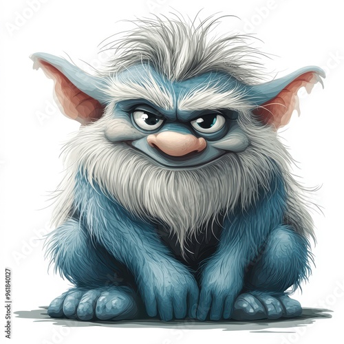 A cute blue furry cartoon monster with big ears and an expressive face is sitting down, ideal for children's book illustrations, playful marketing materials, or fantasy character design, photo