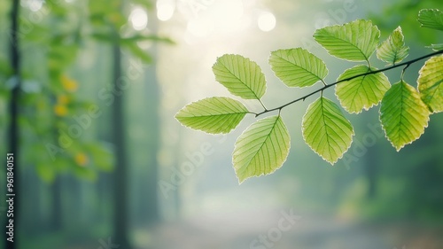 A serene close-up of green leaves illuminated by soft sunlight, creating a tranquil atmosphere in a misty forest.