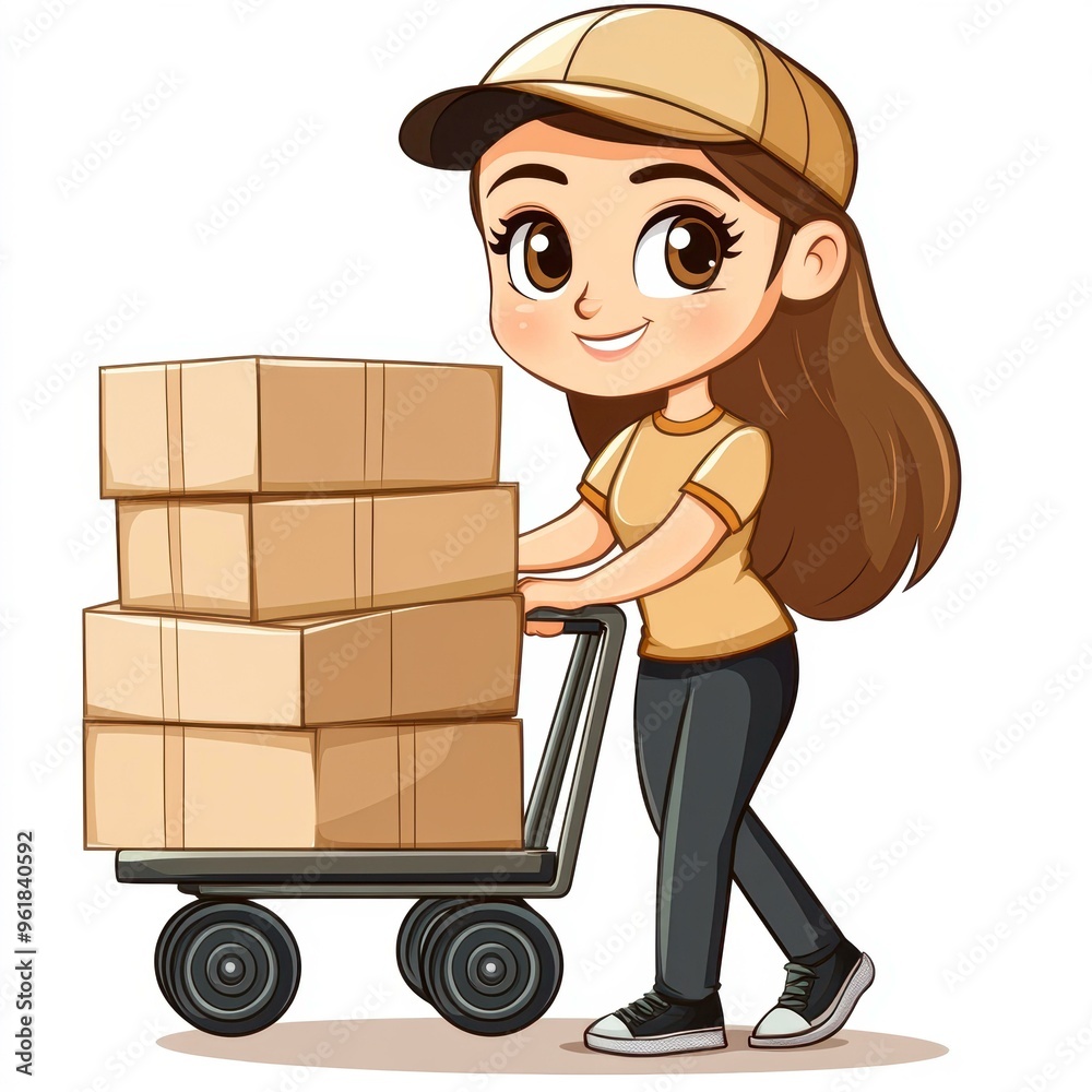 A cartoon woman delivering boxes on a hand truck, wearing a cap and uniform, smiling cheerfully, Ideal for logistics, delivery services, or online shopping content, A cartoon woman delivering boxes on a hand truck, wearing a cap and uniform, smiling cheerfully, Ideal for logistics, delivery services, or online shopping content,