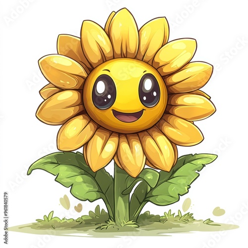 A cute cartoon sunflower with a smiling face, ideal for children's book illustrations, educational materials, or cheerful, nature-themed graphics,