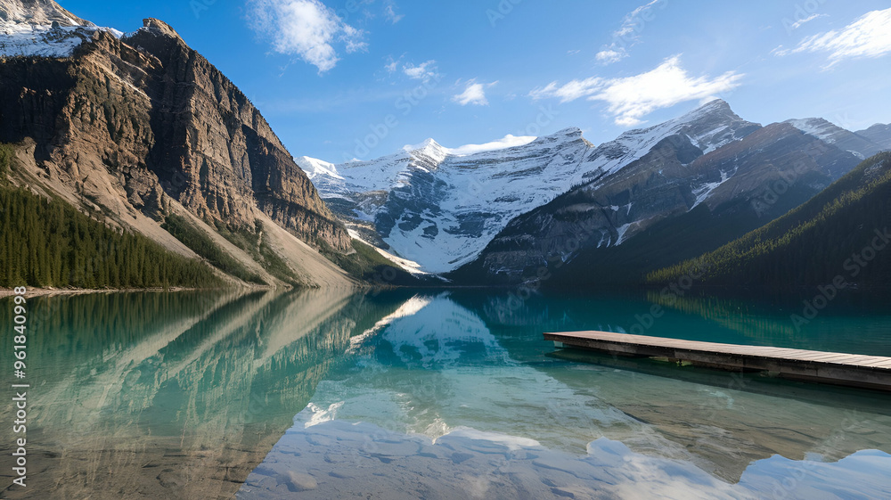 Fototapeta premium Crystal-Clear Mountain Lake with Snow-Capped Peaks Stunning Landscape of Nature's Serenity Reflections of Majestic Mountains Under Bright Blue Sky