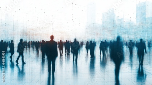 digital virtual silhouettes of businessmen and ordinary people on the move, copy space, place for text	