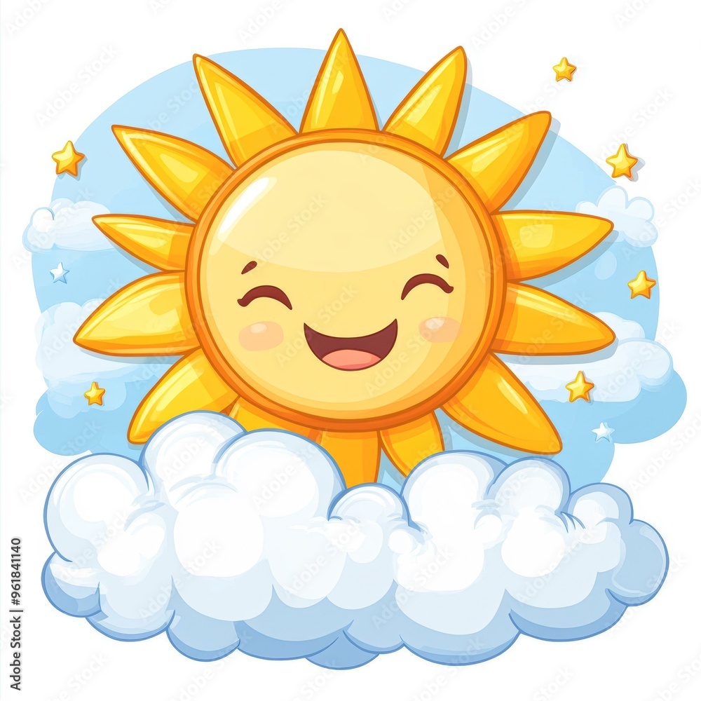 Cheerful cartoon sun with a smiling face peeking through fluffy clouds and surrounded by twinkling stars, ideal for children's publications, educational materials, or weather-related content, Cheerful cartoon sun with a smiling face peeking through fluffy clouds and surrounded by twinkling stars, ideal for children's publications, educational materials, or weather-related content,