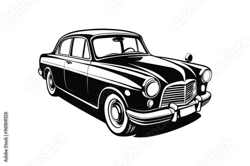 Vintage Classic Car Vector Illustration – Black and White Line Art Silhouette