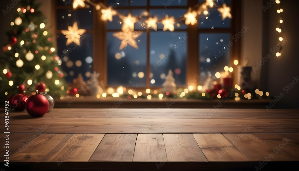 Wooden table in front of a window with Christmas lights and decorations, blurred background.