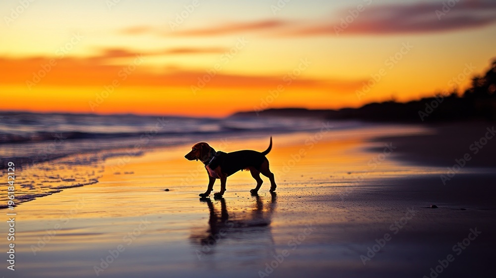 A silhouette of a dog walking along the beach during a vibrant sunset. A silhouette of a dog walking along the beach during a vibrant sunset.
