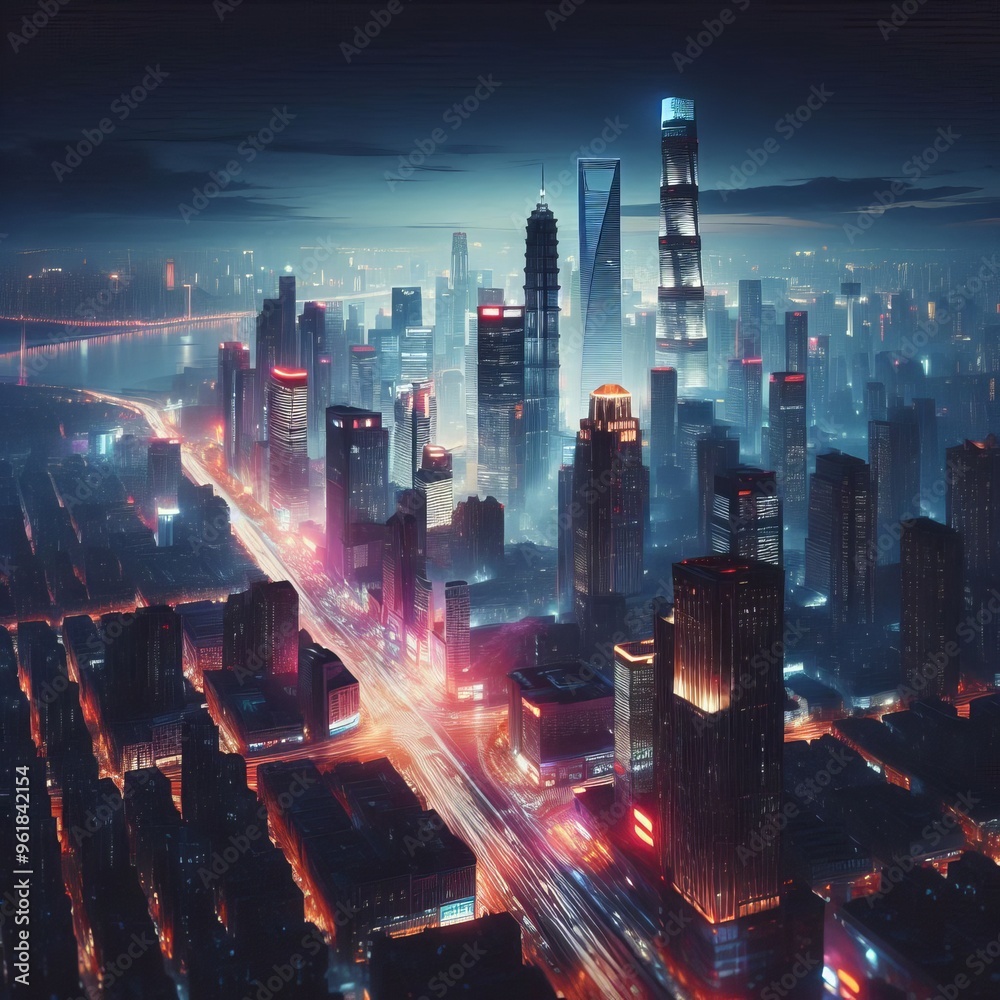 A breathtaking view of a futuristic cityscape at night, showcasing towering skyscrapers with glowing lights, vibrant streets, and a misty atmosphere, representing modern urban life.. AI Generation A breathtaking view of a futuristic cityscape at night, showcasing towering skyscrapers with glowing lights, vibrant streets, and a misty atmosphere, representing modern urban life.. AI Generation