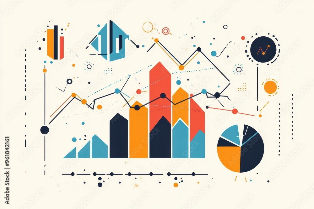 Obraz premium Minimalist Business Graph Illustration with Clean Doodle Design Featuring Line Graphs and Data Points