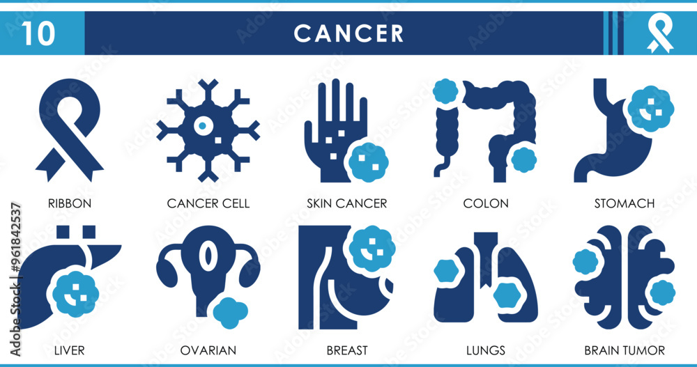 A set of solid icons related to Cancer. Breast, tumor, lungs, liver, skin, and so on. Vector flat icons set. A set of solid icons related to Cancer. Breast, tumor, lungs, liver, skin, and so on. Vector flat icons set.