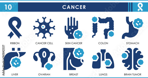 A set of solid icons related to Cancer. Breast, tumor, lungs, liver, skin, and so on. Vector flat icons set.