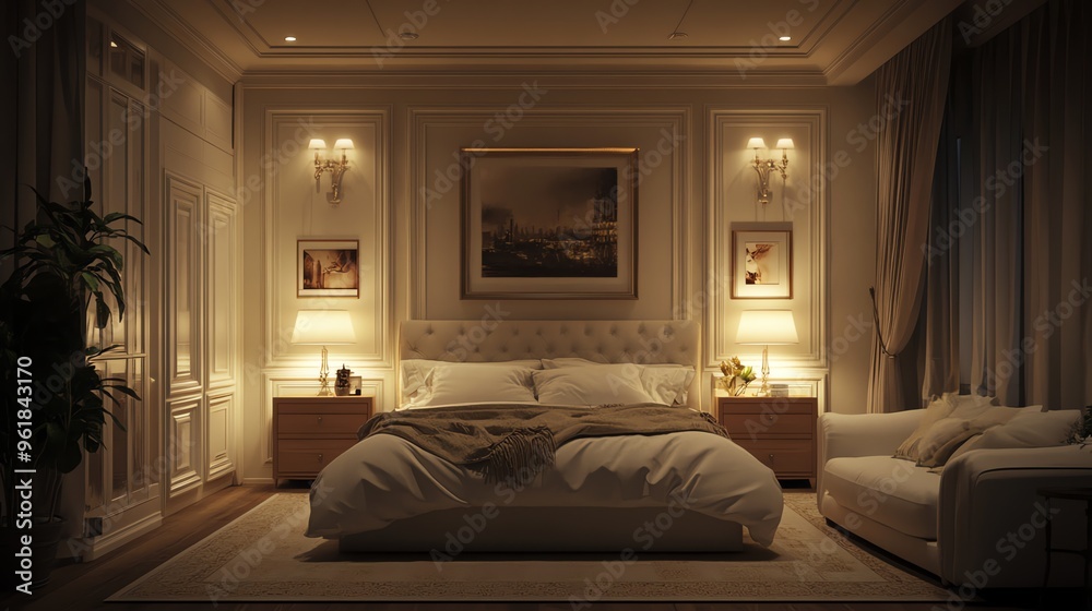 A Luxurious Bedroom Interior with a Bed, Nightstands, and a Couch A Luxurious Bedroom Interior with a Bed, Nightstands, and a Couch