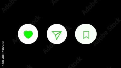 Animation of Like, Save and Share buttons in social networks. 4K with alpha channel.