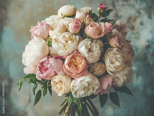 Fototapeta Naklejka Na Ścianę i Meble -  Charming Shabby Chic Farmhouse Style Bouquet, Blending Soft Roses and Peonies on a Distressed Background with Blush and Cream Tones. Vintage and Rustic Floral Arrangement.