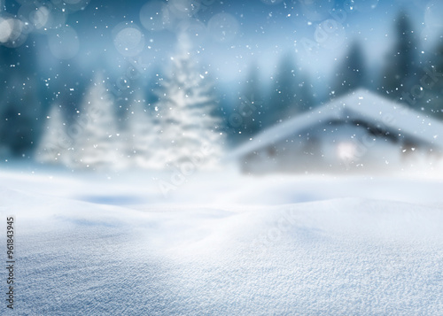 Weihnachtskarte mit verschneiten Tannenbäumen und Schihütte vor unscharfem Hi...