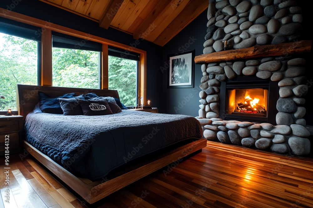 Fototapeta premium Spooky bedroom, cobblestone fireplace, cold and unused adds to the atmosphere of a room that hasnâ€™t felt warmth in years
