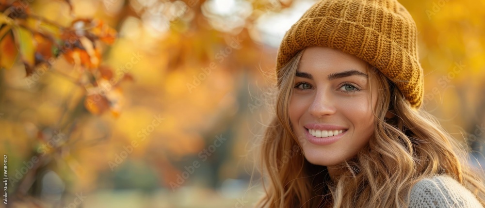 A woman with long brown hair and a yellow hat is smiling A woman with long brown hair and a yellow hat is smiling