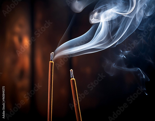  Burning incense stick with smoke on a dark background, symbolizing tranquility. _1(365)