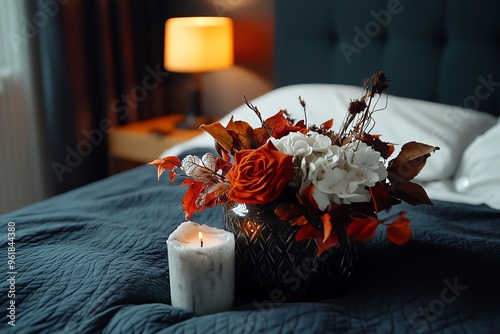 Spooky bedroom, dark floral arrangements, dried and withered add a touch of decayed beauty to the space photo